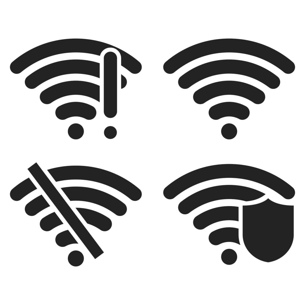 Image représentant des icônes Wi-Fi, montrant une connexion normale, une connexion coupée, une connexion sécurité, un problème de connexion.