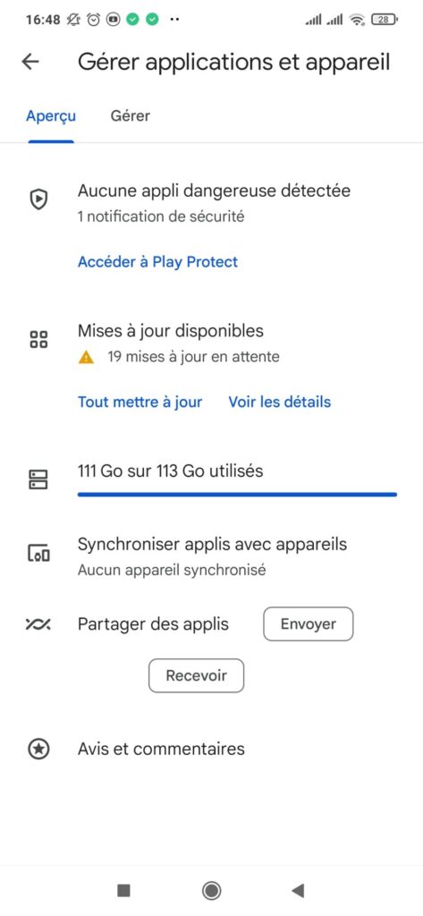 Capture d'écran, image montrant la section "Gérer les applications et l'appareil" du Google Play Store.