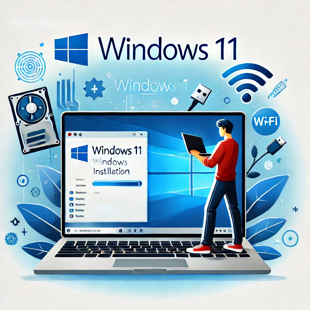 Personne installant Windows 11 sur un ordinateur portable avec des icônes de composants informatiques.