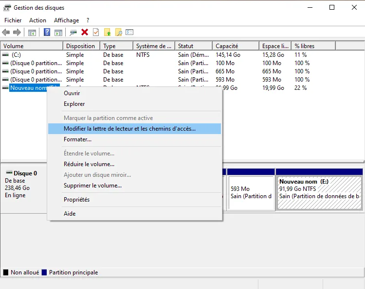 Image, photo d'une capture d'écran du logiciel "Gestion des disques" de Windows, montrant les différentes partitions de stockage d'un ordinateur.