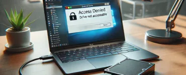 Disque dur détecté mais pas accessible : image, photo d'un disque dur externe branché à un ordinateur, avec un écran montrant une erreur (type "accès refusé" ou "non accessible").