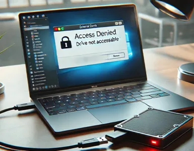 Disque dur détecté mais pas accessible : image, photo d'un disque dur externe branché à un ordinateur, avec un écran montrant une erreur (type "accès refusé" ou "non accessible").