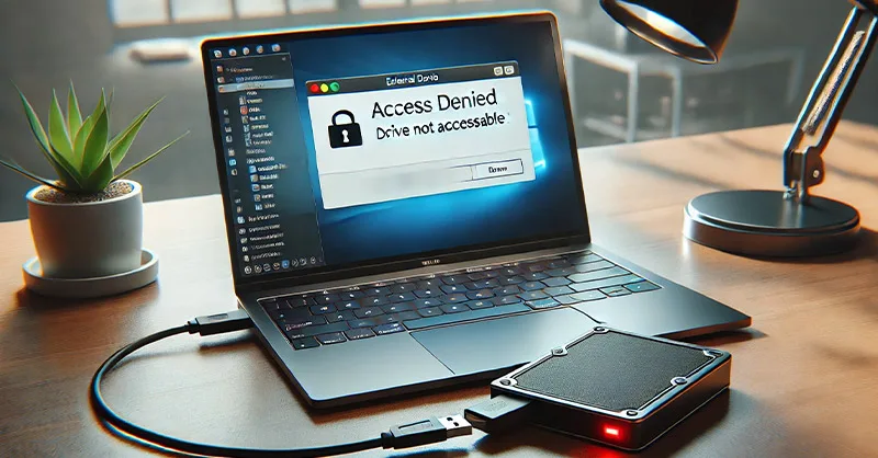 Disque dur détecté mais pas accessible : image, photo d'un disque dur externe branché à un ordinateur, avec un écran montrant une erreur (type "accès refusé" ou "non accessible").