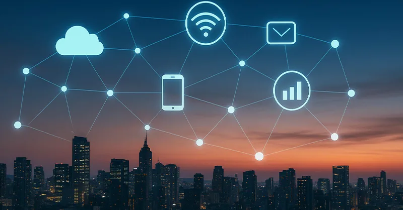 Image, photo affichant une vue d'une ville avec des icônes numériques flottants (Cloud, wifi, données) symbolisant la connectivité numérique au quotidien.