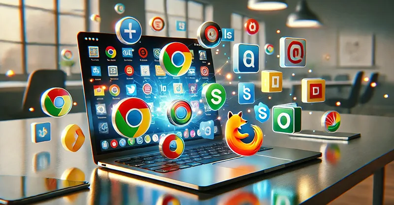 Logiciels indispensables : image, photo d'un ordinateur ouvert avec des icônes de logiciels populaires qui flottent autour (Google Chrome, VLC, LibreOffic…)