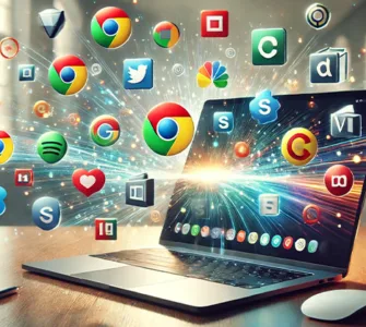 Logiciels indispensables : image, photo d'un ordinateur ouvert avec des icônes de logiciels populaires qui flottent autour (Google Chrome, VLC, LibreOffice, etc.)