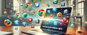Logiciels indispensables : image, photo d'un ordinateur ouvert avec des icônes de logiciels populaires qui flottent autour (Google Chrome, VLC, LibreOffice, etc.)