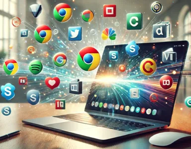 Logiciels indispensables : image, photo d'un ordinateur ouvert avec des icônes de logiciels populaires qui flottent autour (Google Chrome, VLC, LibreOffice, etc.)