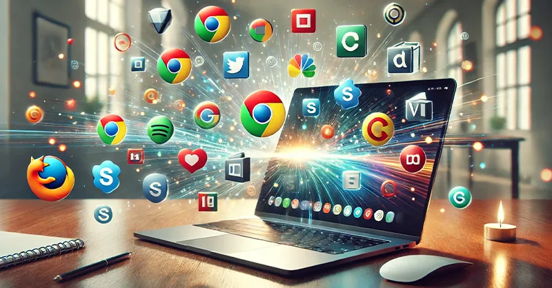 Logiciels indispensables : image, photo d'un ordinateur ouvert avec des icônes de logiciels populaires qui flottent autour (Google Chrome, VLC, LibreOffice, etc.)