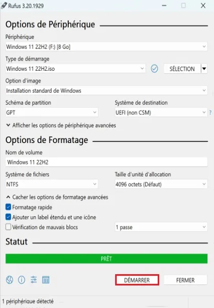 Image, photo d'une capture d'écran affichant l'utilisation du logiciel Rufus, aves l'option de périphérique.