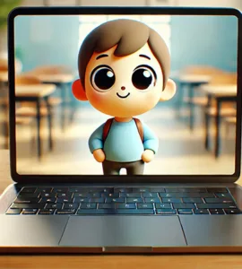 Logiciel d'animation 2D : image, photo représentant un ordinateur portable ouvert affichant un personnage animé en dessin simple.