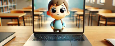 Logiciel d'animation 2D : image, photo représentant un ordinateur portable ouvert affichant un personnage animé en dessin simple.