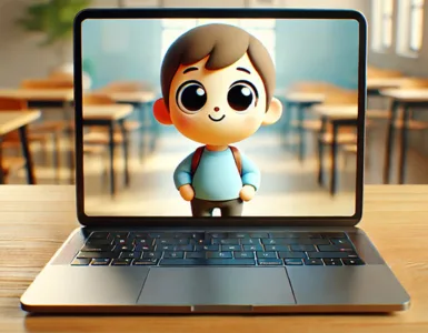 Logiciel d'animation 2D : image, photo représentant un ordinateur portable ouvert affichant un personnage animé en dessin simple.