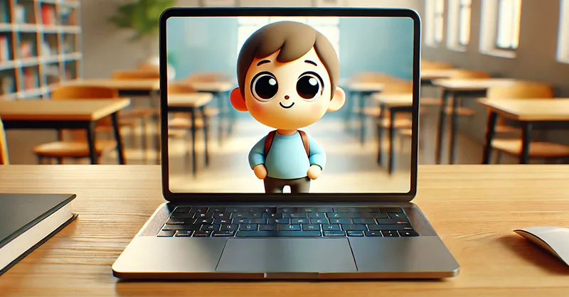 Logiciel d'animation 2D : image, photo représentant un ordinateur portable ouvert affichant un personnage animé en dessin simple.