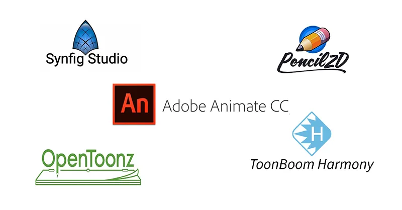 Image, photo représentant le logo de Synfig Studio, Pencil2D, Adobe Animate CC, OpenToonz, ToonBoom Harmony.