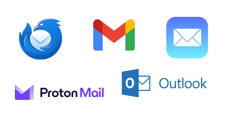 Logiciels de messagerie électronique : image, photo représentant les logos ProtonMail, Apple Mail, Thunderbird (Mozilla), Outlook (Microsoft), Gmail