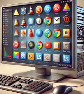 Logiciels compatibles : image, photo illustrant un ordinateur avec des icônes de logiciels populaires comme VLC, Chrome et LibreOffice visibles à l'écran.