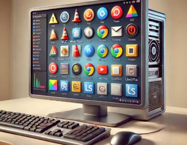 Logiciels compatibles : image, photo illustrant un ordinateur avec des icônes de logiciels populaires comme VLC, Chrome et LibreOffice visibles à l'écran.