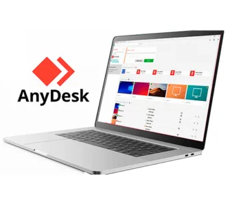 AnyDesk : image, photo affichant le logo de AnyDesk avec un laptop ou ordinateur portable ouvert montrant l'utilisation d'AnyDesk.