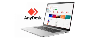 AnyDesk : image, photo affichant le logo de AnyDesk avec un laptop ou ordinateur portable ouvert montrant l'utilisation d'AnyDesk.