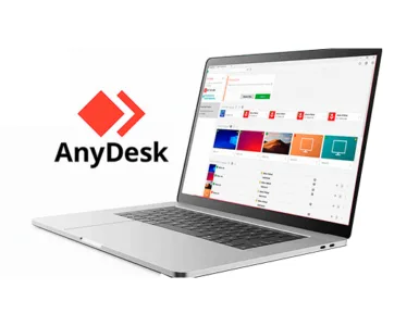 AnyDesk : image, photo affichant le logo de AnyDesk avec un laptop ou ordinateur portable ouvert montrant l'utilisation d'AnyDesk.