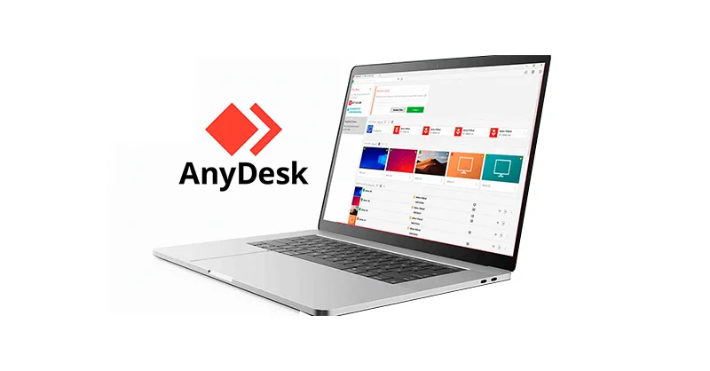 AnyDesk : image, photo affichant le logo de AnyDesk avec un laptop ou ordinateur portable ouvert montrant l'utilisation d'AnyDesk.