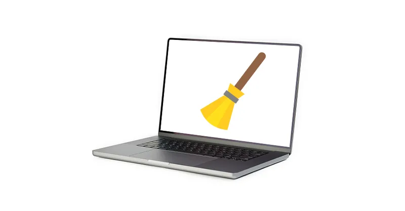 Effacer le cache d'un ordinateur : image, photo montrant un ordinateur portable ouvert, avec un balai ou une brosse numérique qui "nettoie" l’écran.