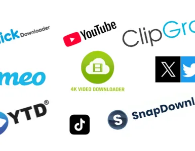 Logiciel de téléchargement vidéo : image, photo représentant les logos, Youtube, Tik Tok, Vimeo, 4K Video Downloader, YTD Video Downloader, SnapDownloader, ClipGrab, ByClick Downloader
