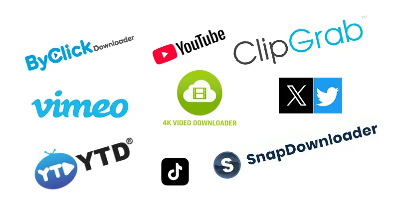 Logiciel de téléchargement vidéo : image, photo représentant les logos, Youtube, Tik Tok, Vimeo, 4K Video Downloader, YTD Video Downloader, SnapDownloader, ClipGrab, ByClick Downloader