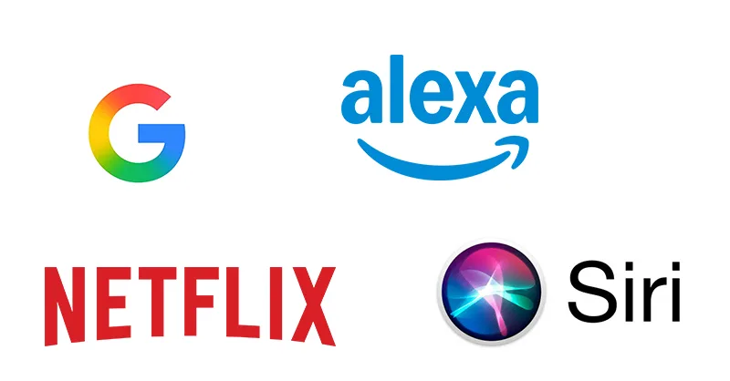 Image, photo représentant les logos de Google, alexa, Netflix, Siri qui ont l'intelligence artificielle.