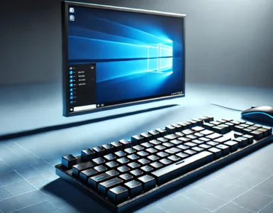 Image, photo d'un fond bleu Windows et un clavier, avec un ordinateur, un clavier et un souris.