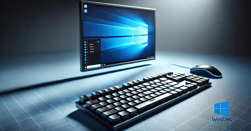 Image, photo d'un fond bleu Windows et un clavier, avec un ordinateur, un clavier et un souris.