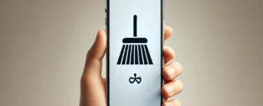 Vider le cache d'un téléphone : image, photo d'un smartphone tenu en main, affichant une icône de balai sur l’écran, pour dire le nettoyage d'un téléphone.