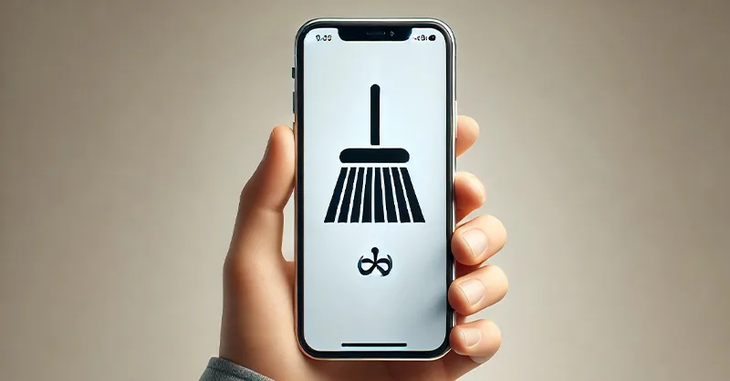 Vider le cache d'un téléphone : image, photo d'un smartphone tenu en main, affichant une icône de balai sur l’écran, pour dire le nettoyage d'un téléphone.