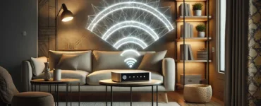 maîtriser votre wifi : image, photo une box posée au centre d’un salon, avec des ondes wifi dessinées autour.
