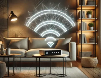 maîtriser votre wifi : image, photo une box posée au centre d’un salon, avec des ondes wifi dessinées autour.