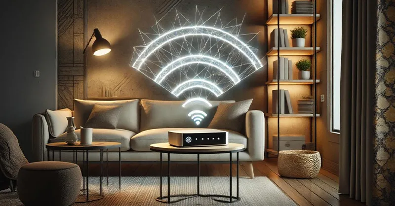 maîtriser votre wifi : image, photo une box posée au centre d’un salon, avec des ondes wifi dessinées autour.