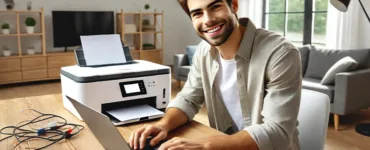 Installer une imprimante sur un ordinateur : image, photo d'une personne représentant une personne souriante, en train de configurer une imprimante devant un ordinateur portable.
