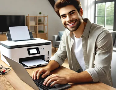 Installer une imprimante sur un ordinateur : image, photo d'une personne représentant une personne souriante, en train de configurer une imprimante devant un ordinateur portable.