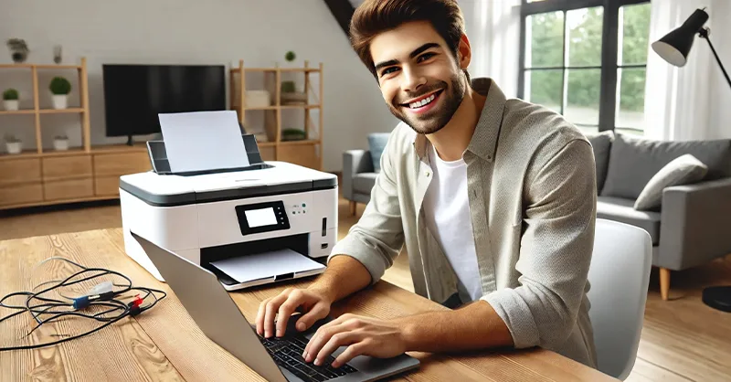Installer une imprimante sur un ordinateur : image, photo d'une personne représentant une personne souriante, en train de configurer une imprimante devant un ordinateur portable.