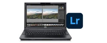 Adobe Lightroom : image, photo d'un ordinateur portable ouvert avec Lightroom affiché à l’écran, montrant une photo avant/après retouche, avec un logo de Lightroom.