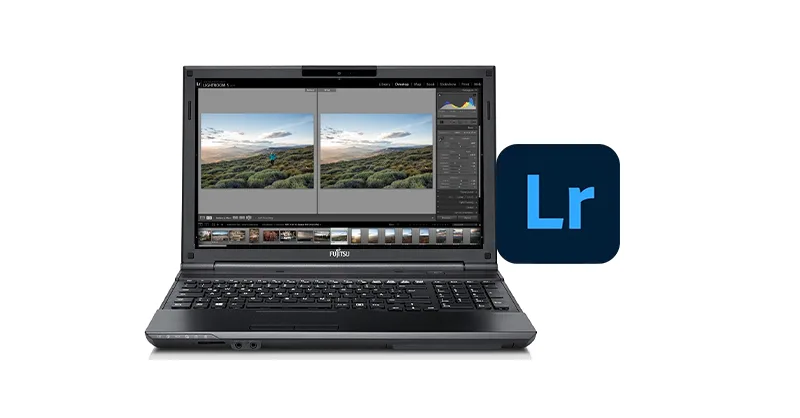 Adobe Lightroom : image, photo d'un ordinateur portable ouvert avec Lightroom affiché à l’écran, montrant une photo avant/après retouche, avec un logo de Lightroom.