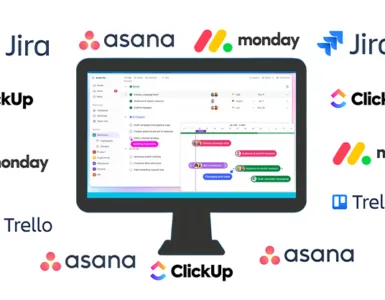 Logiciel de gestion de projet : image, photo représentant un ordinateur avec les logo, de Asana, de Clickup, de Trello, de monday, de Jira