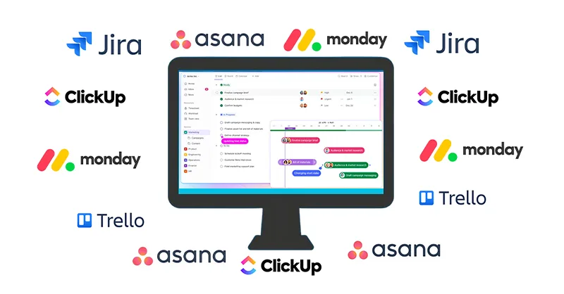 Logiciel de gestion de projet : image, photo représentant un ordinateur avec les logo, de Asana, de Clickup, de Trello, de monday, de Jira