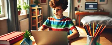 Logiciels éducatifs hors ligne : image, photo d'un enfant assis à un bureau avec un ordinateur portable ou une tablette dans une chambre.