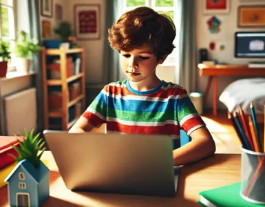 Logiciels éducatifs hors ligne : image, photo d'un enfant assis à un bureau avec un ordinateur portable ou une tablette dans une chambre.