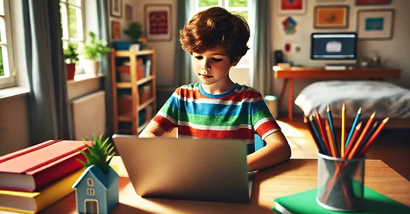Logiciels éducatifs hors ligne : image, photo d'un enfant assis à un bureau avec un ordinateur portable ou une tablette dans une chambre.
