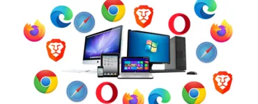 Navigateur web : image, photo d'un écran d’ordinateur ou de smartphone avec plusieurs logos de navigateurs web flottant autour (Chrome, Firefox, Brave, Safari, Edge, Opera).