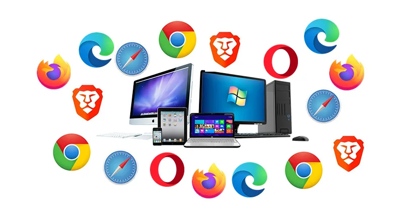 Navigateur web : image, photo d'un écran d’ordinateur ou de smartphone avec plusieurs logos de navigateurs web flottant autour (Chrome, Firefox, Brave, Safari, Edge, Opera).
