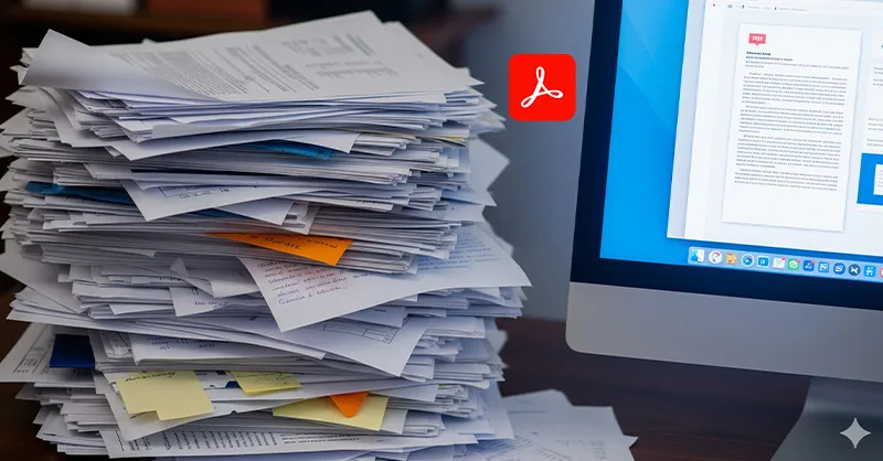 Image, photo de pile de documents papier à côté d’un écran affichant un PDF.